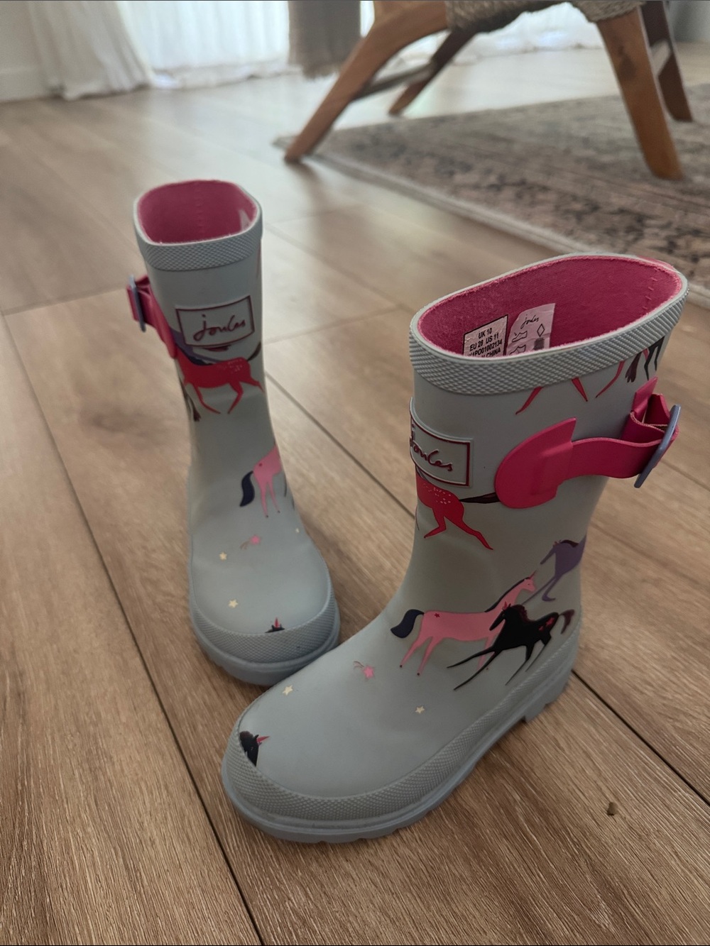 Joules Grey and Pink Unicorn Pattern Kids Rain Boots